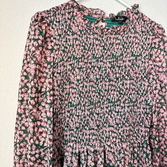 Lulus Floral Forever Pink Green Smocked Floral Skater Mini Dress - Size L - EUC - Picture 3 of 8